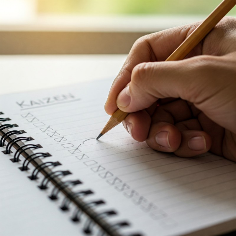 연필로 노트에 체크리스트를 작성하는 손, 카이젠 루틴 기록 중
