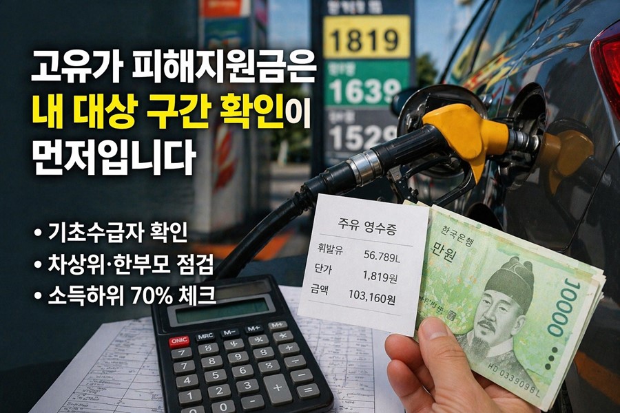 고유가 피해지원금에서 기초수급자, 차상위·한부모, 소득하위 70% 대상 구간과 지급 기준을 확인하는 방법을 보여주는 체크리스트형 이미지입니다.