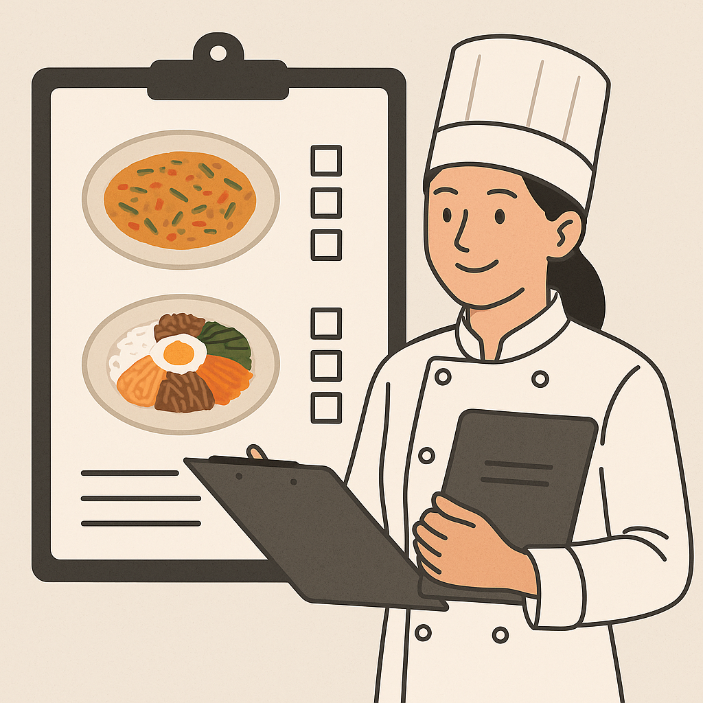 흰 조리복과 셰프 모자를 쓴 여성 셰프가 두 개의 클립보드를 들고 서 있다. 한 클립보드에는 파전과 비빔밥이 그려진 메뉴가 표시되어 있고, 배경은 따뜻한 베이지 톤이다.