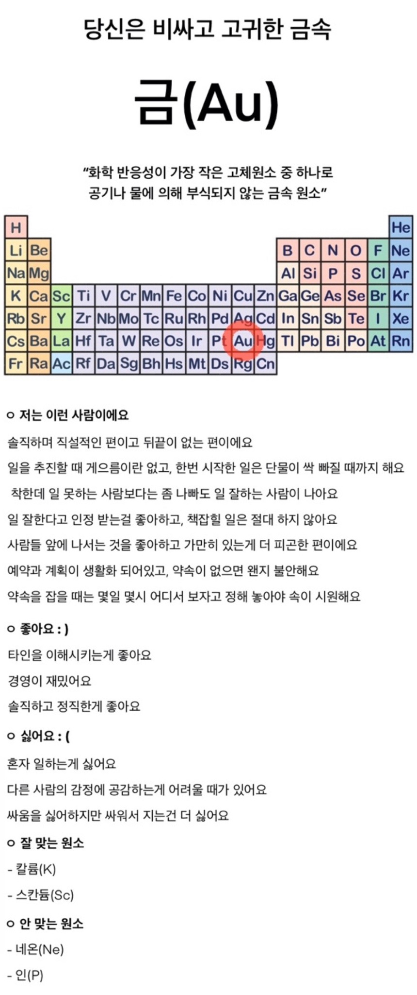 화학원소 성격 테스트 MBTI