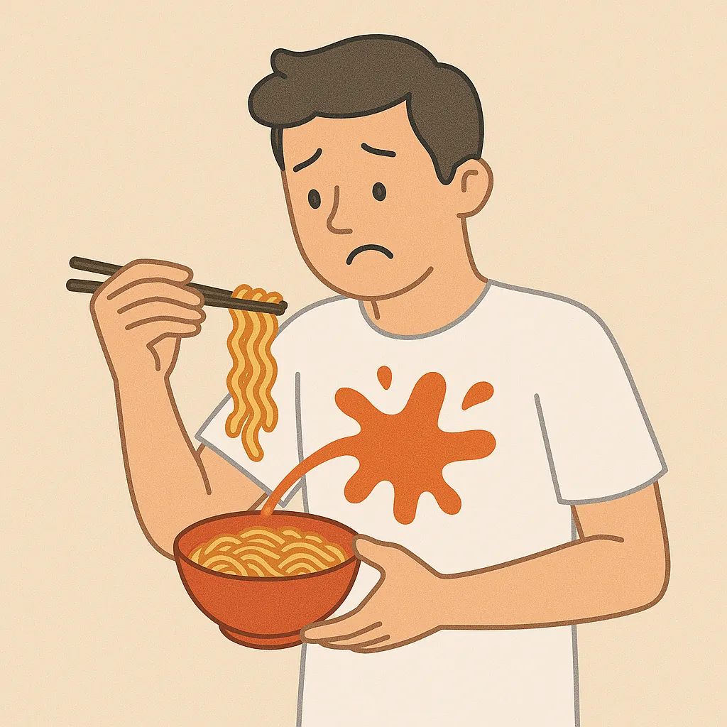 색 티셔츠에 라면 국물이 튀는 상황을 묘사한 일러스트