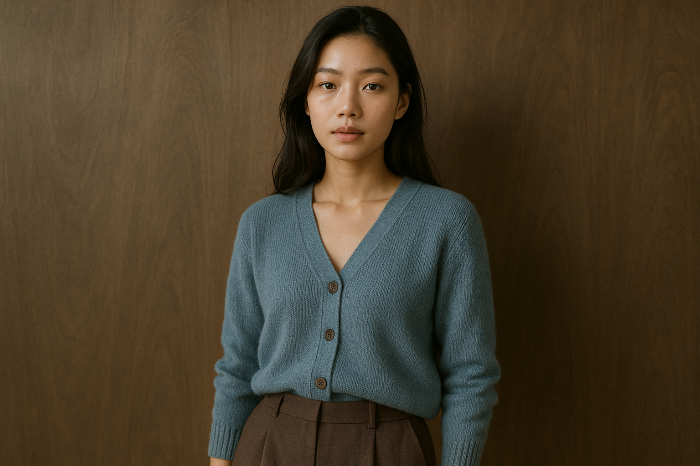 더스티 블루와 코코아 조합의 편안한 룩