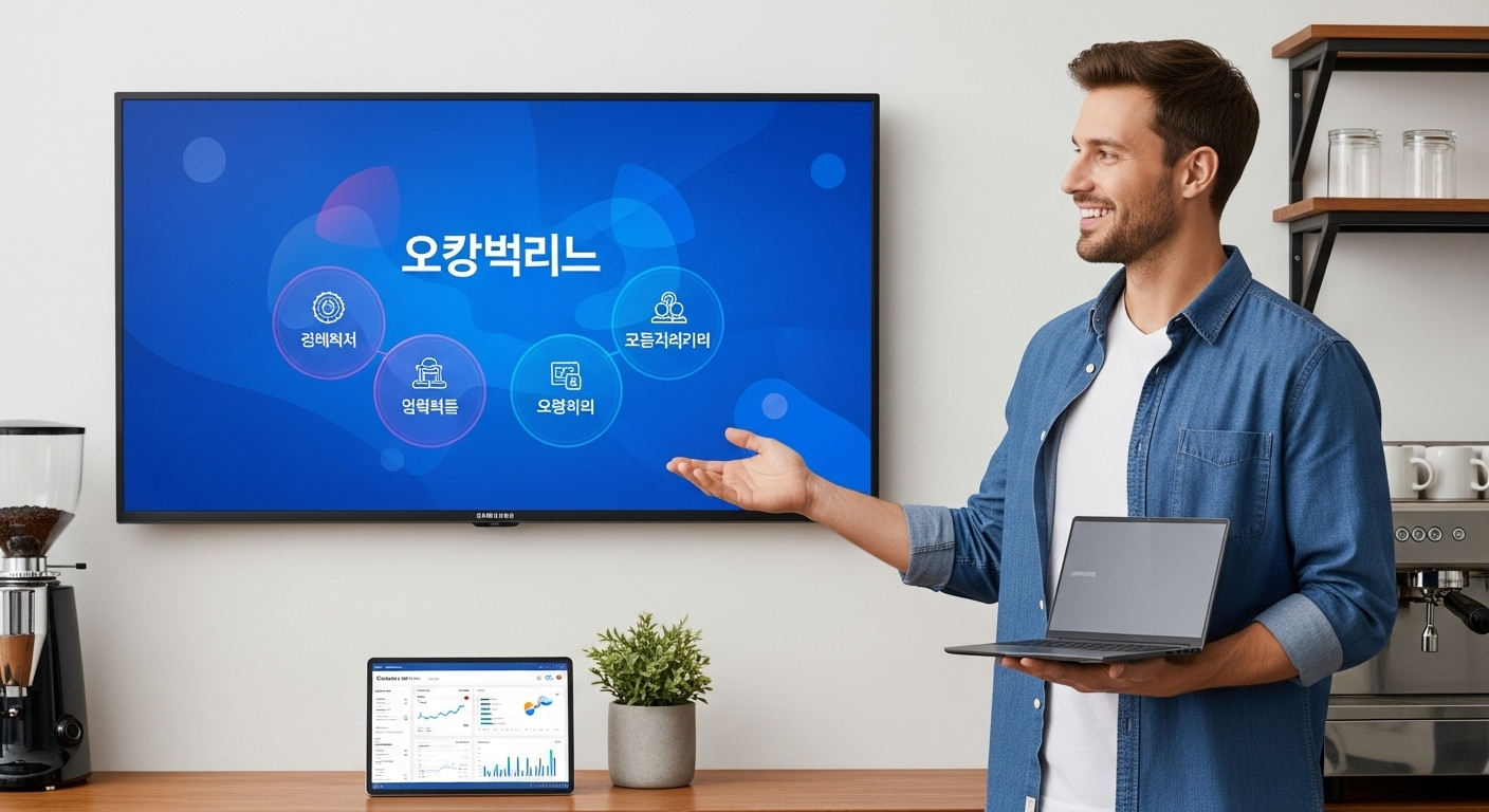 삼성전자 소상공인 특별전을 통해 비즈니스용 TV나 IT 기기를 사용하는 소상공인의 모습, 사업 효율성을 높이는 스마트한 투자를 나타냄.