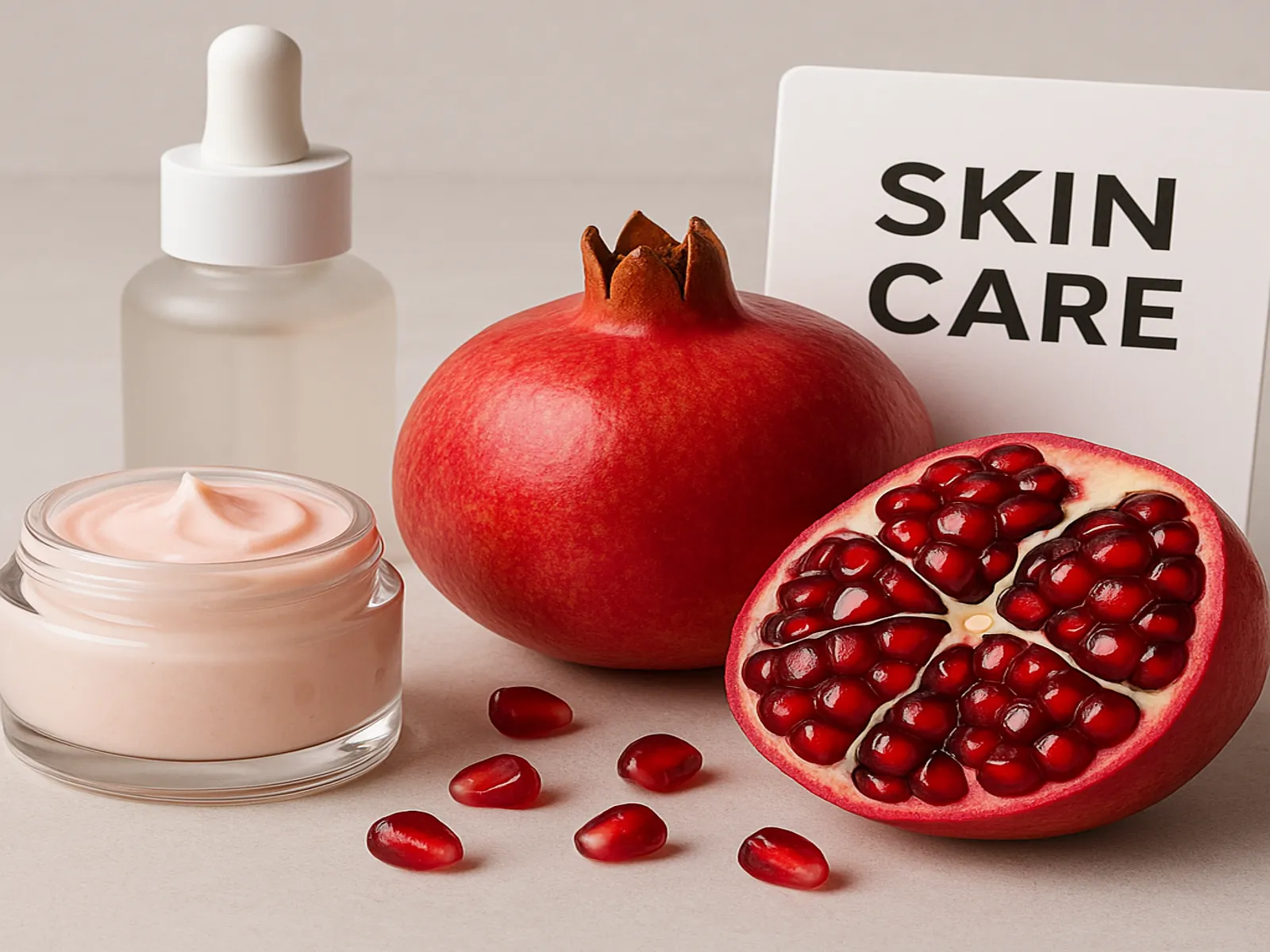 인도 석류와 스킨케어 제품이 함께 배치된 피부 건강 장면