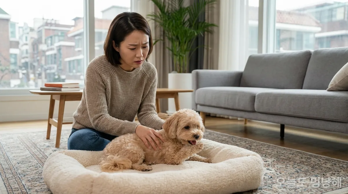 응급 증상을 보이는 반려견을 걱정스러운 표정으로 지켜보는 한국인 보호자