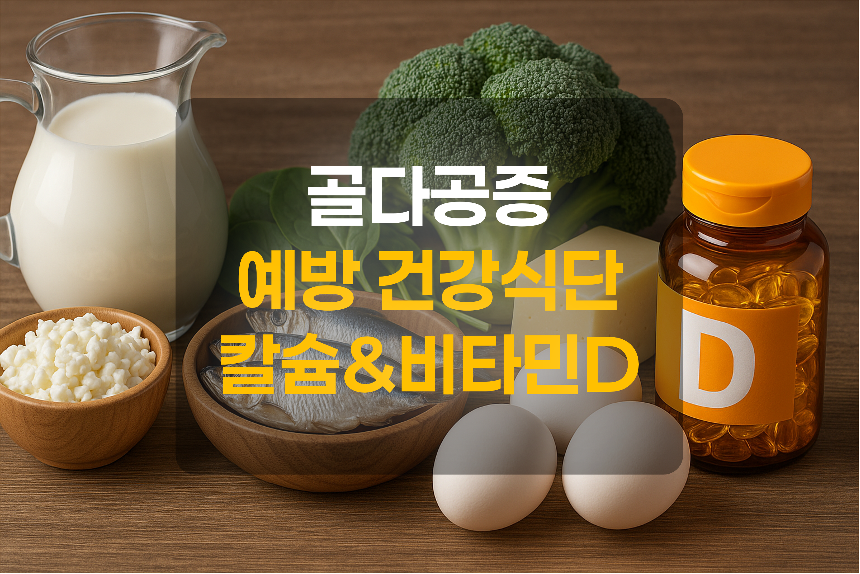 칼슘과 비타민 D가 함유된 음식과 영양제를 표현한 그림