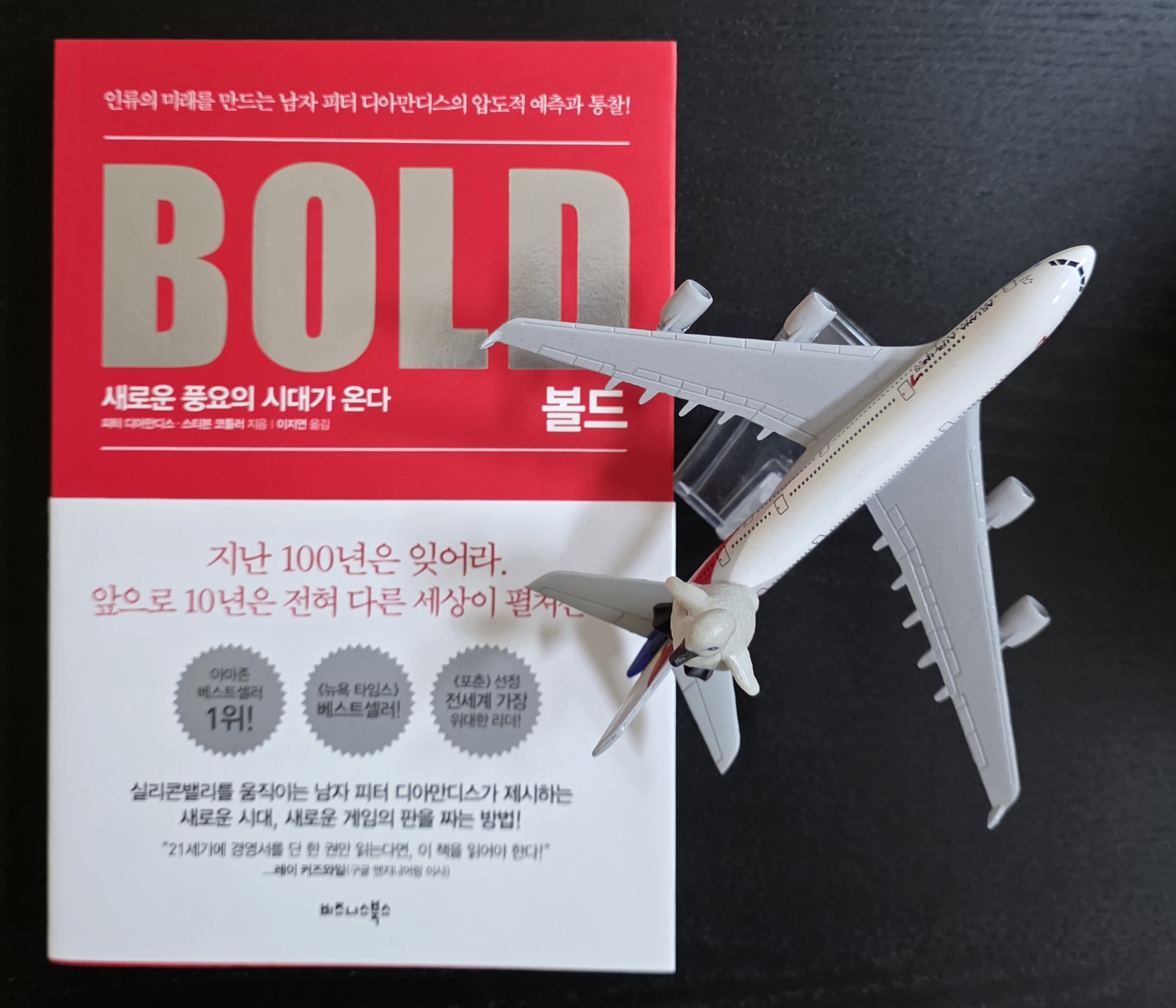 이륙하는 비행기 모형과 펭귄 피규어가 올려진 피터 디아만디스 볼드 BOLD 책 표지