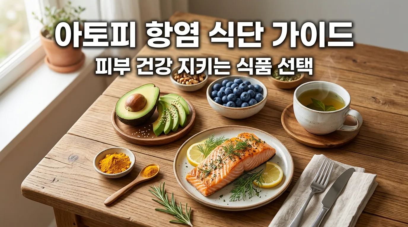 주방 테이블 위에 놓인 연어 아보카도 블루베리 강황 등 항염 식품들