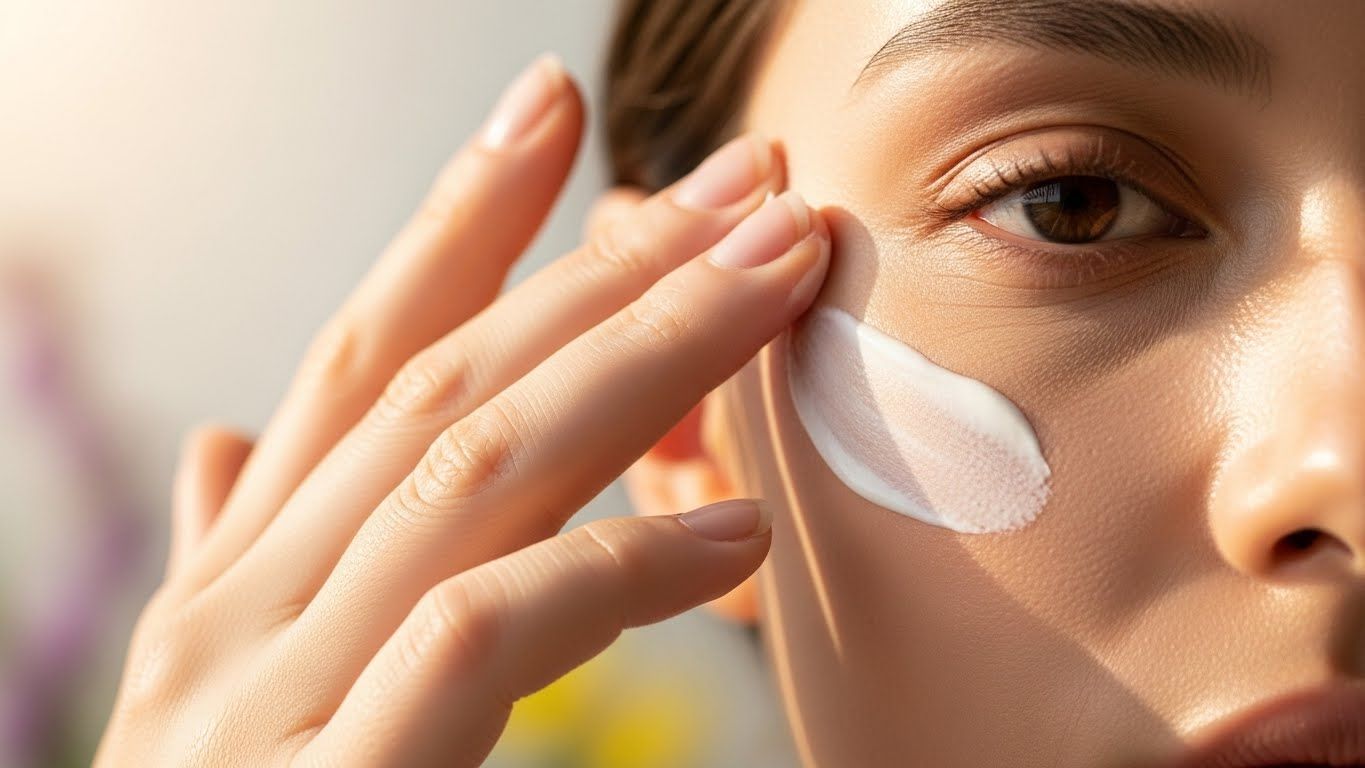 손을 클로즈업하여 깨끗하고 건강해 보이는 얼굴에 부드럽고 크리미한 질감의 자외선 차단제를 부드럽게 발라줍니다.