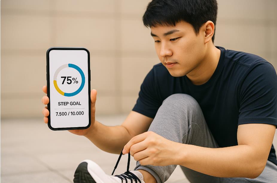 운동 전 청년이 스마트폰 걸음 수 목표 달성률 확인