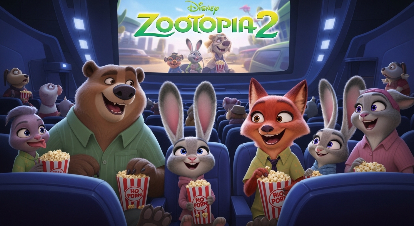 미래 지향적인 주토피아 영화관에서 다양한 동물 가족들이 함께 영화를 보며 즐거워하는 모습. 가족들이 팝콘을 나누어 먹으며 웃고 있는 유쾌하고 따뜻한 장면이다.