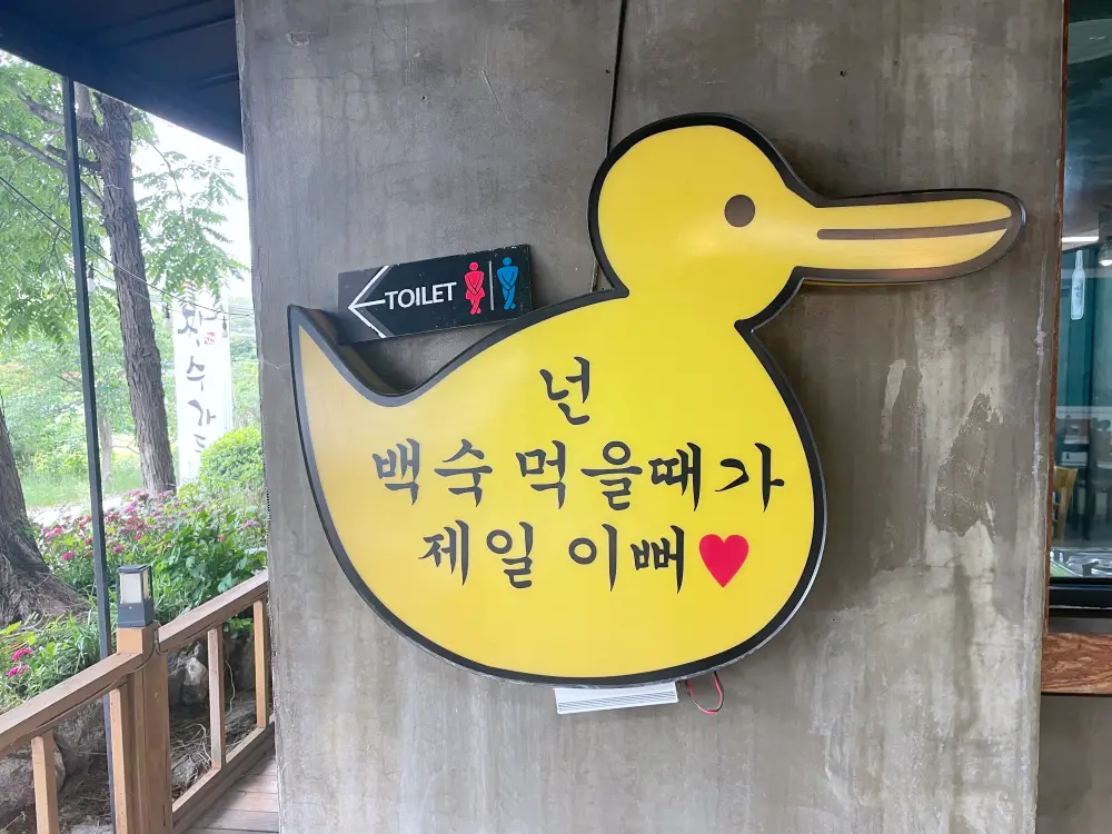 노란오리모양의 넌 백숙먹을때가 제일 이뻐라고 쓰여있는 모습