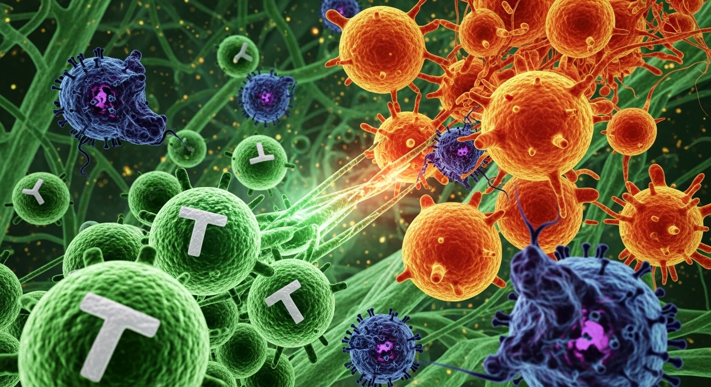 우리 몸속에서 바이러스 감염 세포와 암세포를 공격하는 T세포와 NK세포의 역동적인 모습