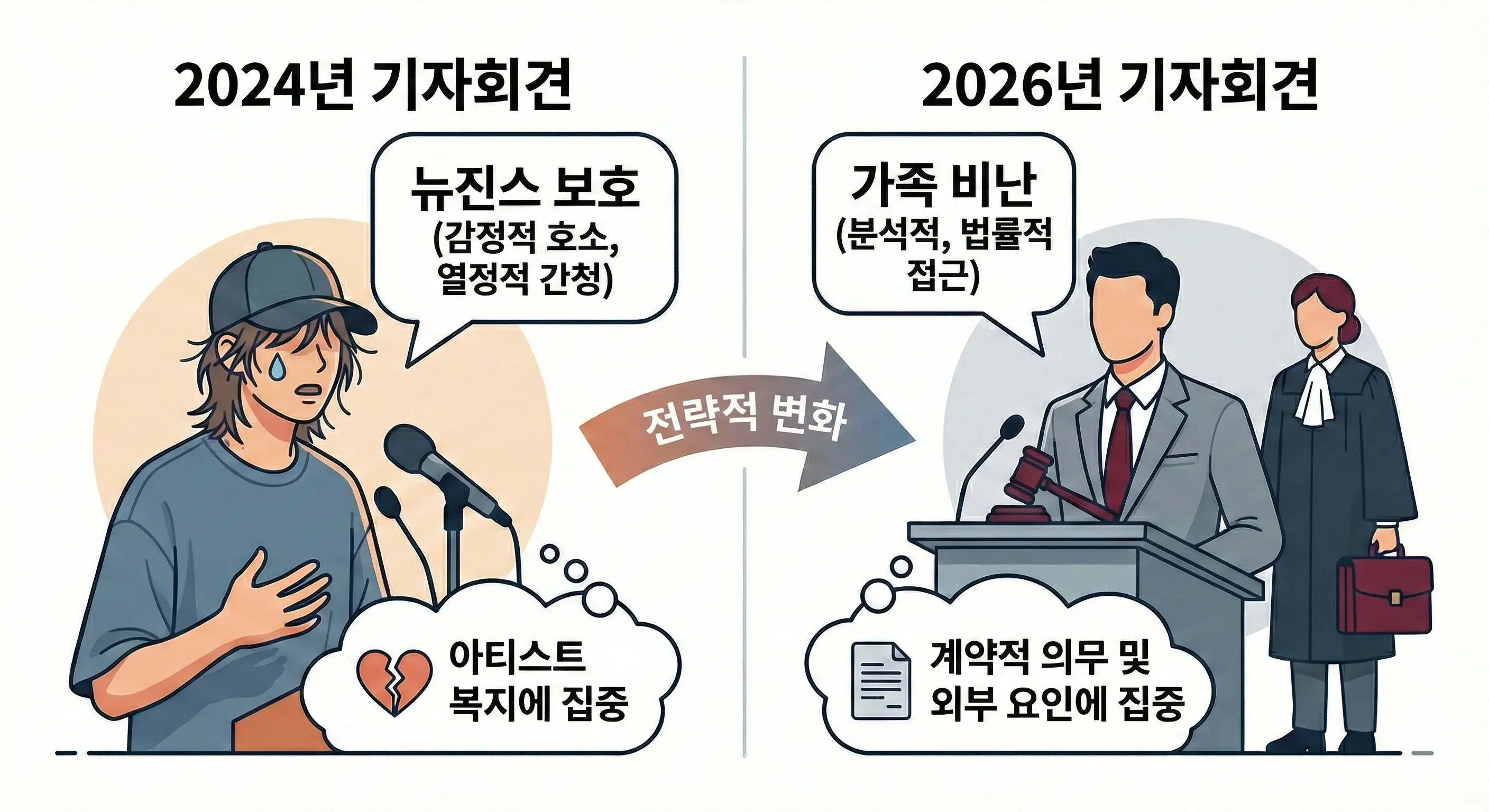 민희진 2024년 대 2026년 기자회견 전략 비교 인포그래픽