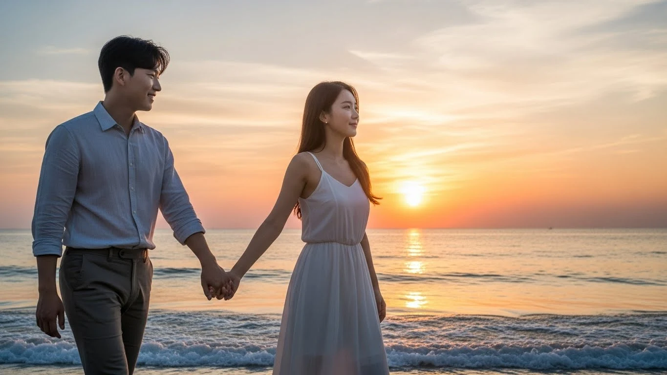 노을이 지는 바다를 나란히 걷는 커플 이미지