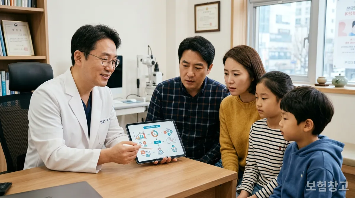한국인 가족이 의사와 함께 5세대 실손보험 변경 사항과 의료비 보장에 대해 상담하는 모습