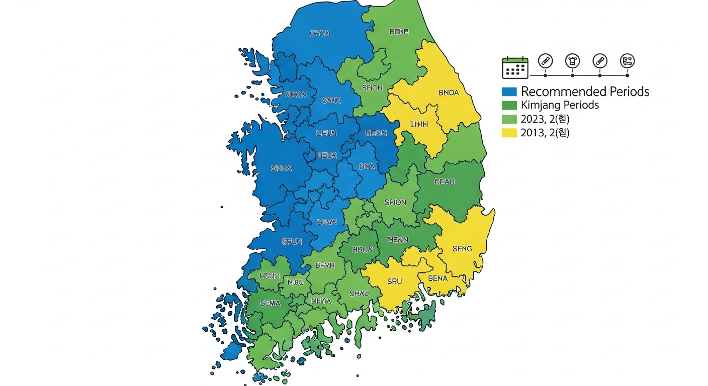 대한민국 지도를 바탕으로 각 지역별 2025년 예상 김장 적기가 색상으로 구분되어 표시된 정보 그래프.