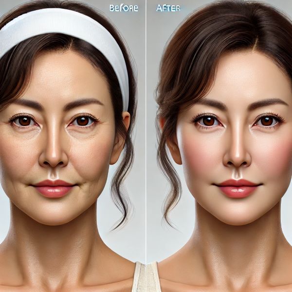 40대 동양 여성의 미니거상 수술 전후 비교 이미지. 수술 전에는 눈 밑 꺼짐, 팔자 주름, 턱선 처짐이 있고, 수술 후에는 얼굴 라인이 또렷하고 탄력 있는 모습으로 개선됨.