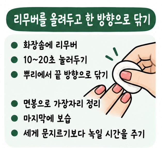화장솜에 리무버를 적셔 손톱에 10~20초 눌러둔 뒤 한 방향으로 닦고 마지막에 보습하는 순서를 보여주는 카드
