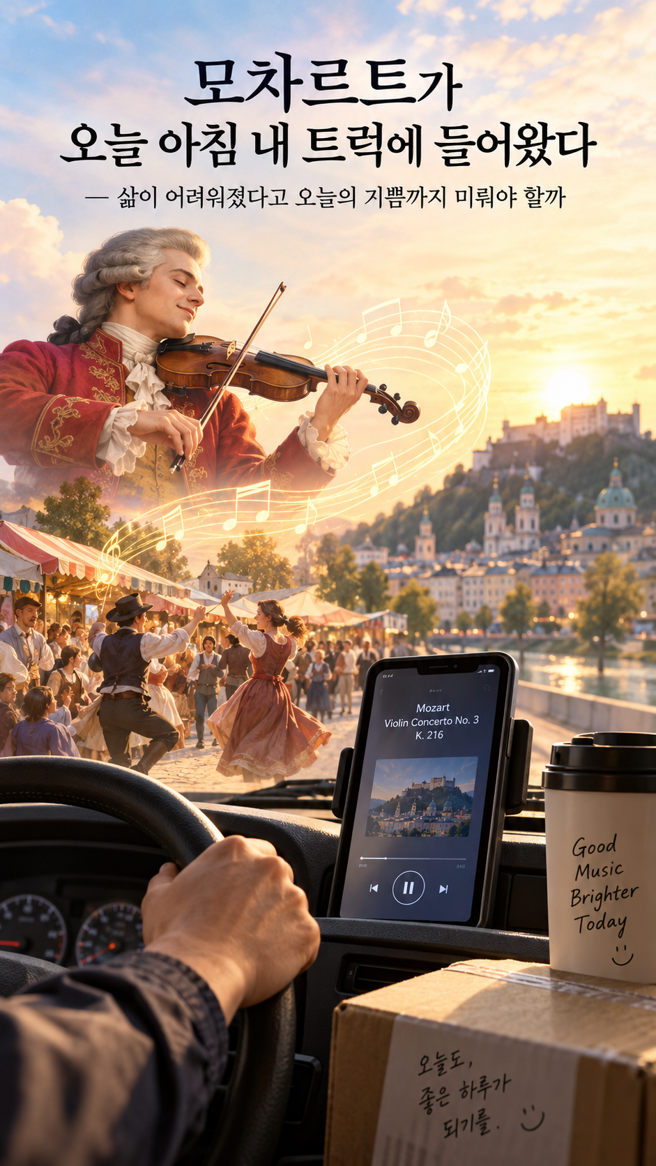 Vertical illustration for an essay about Mozart’s Violin Concerto No. 3, K.216, showing Mozart playing violin above a lively Salzburg street while a delivery driver listens to the concerto inside a truck at sunrise, symbolizing how music can bring joy and warmth into everyday life.