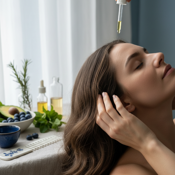 자연광 아래 편안하게 두피를 마사지하는 사람과 건강한 모발을 상징하는 식물 및 영양제 이미지, 두피 건강 관리의 중요성을 나타냄