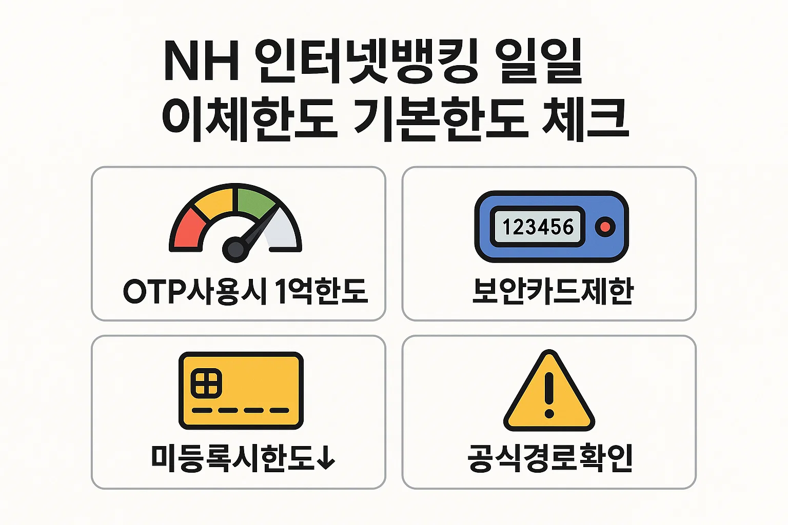 NH인터넷뱅킹 이용 시 OTP 사용 시 1억 원 한도, 보안카드 제한, 미등록 계좌 이체한도, 공식경로 확인 등 기본 이체한도 설정 정보를 시각적으로 정리한 인포그래픽 이미지입니다.