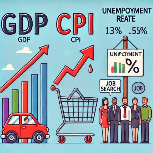 경제 지표를 상징하는 GDP 그래프, CPI 장바구니, 실업률 아이콘이 표시되어 있다