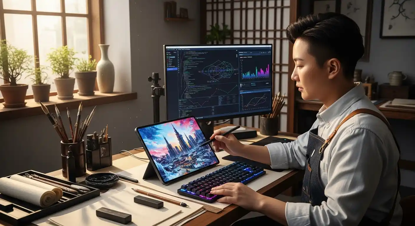 <img src="ai_as_creative_partner_in_high_quality_art.webp" alt="AI를 창작 파트너로 활용한 고품질 아트 제작 과정을 표현한 이미지 입니다">