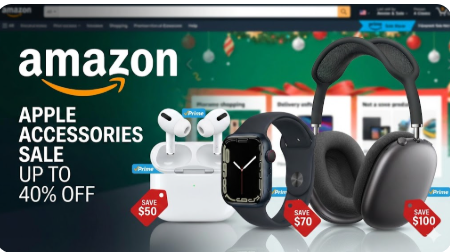 애플 에어팟, 애플 워치 등 액세서리 할인 이미지와 아마존 로고