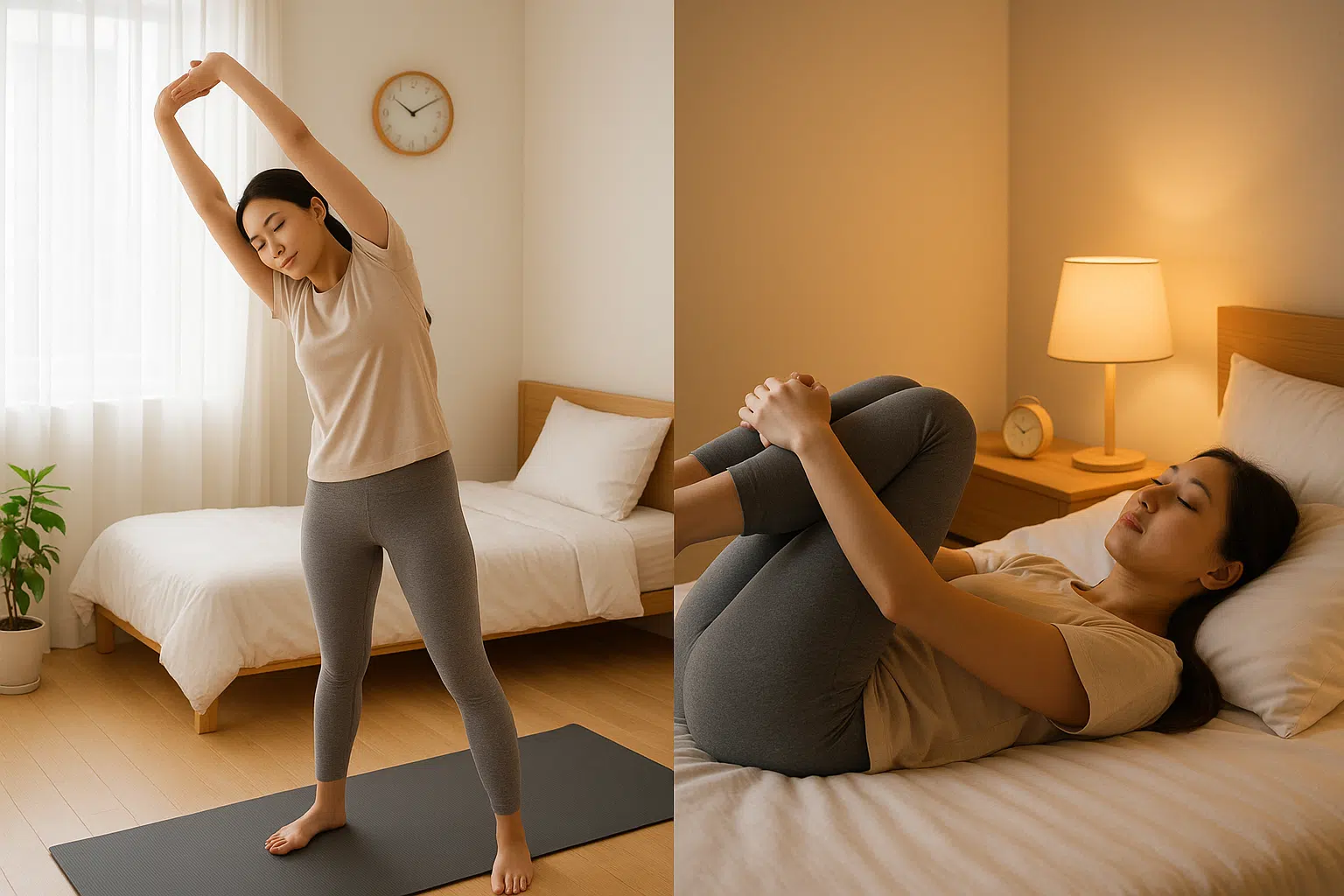 아침 햇살이 들어오는 침실에서 요가 매트 위에서 스트레칭하는 사람, 또는 자기 전 침대 위에서 가벼운 요가 동작, 하루 10분 실천 분위기