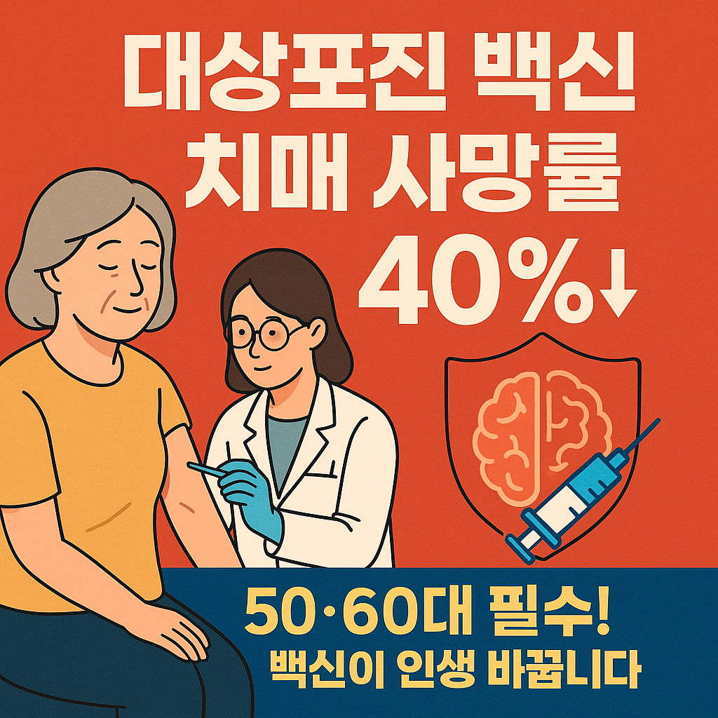 50~60대 여성이 병원에서 대상포진 백신을 접종받는 장면과 옆에 치매 위험 감소 효과를 강조한 한국어 의료 인포그래픽 이미지