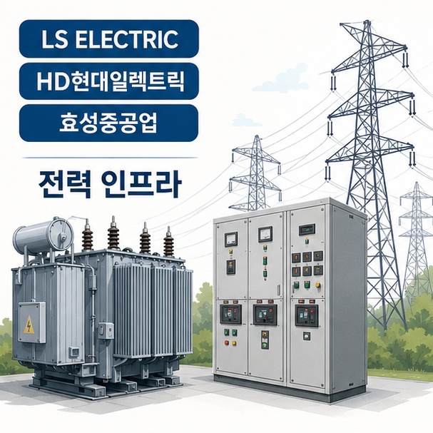 LS ELECTRIC과 HD현대일렉트릭, 효성중공업이 AI 데이터센터 전력 인프라와 관련되는 이유를 설명한 이미지