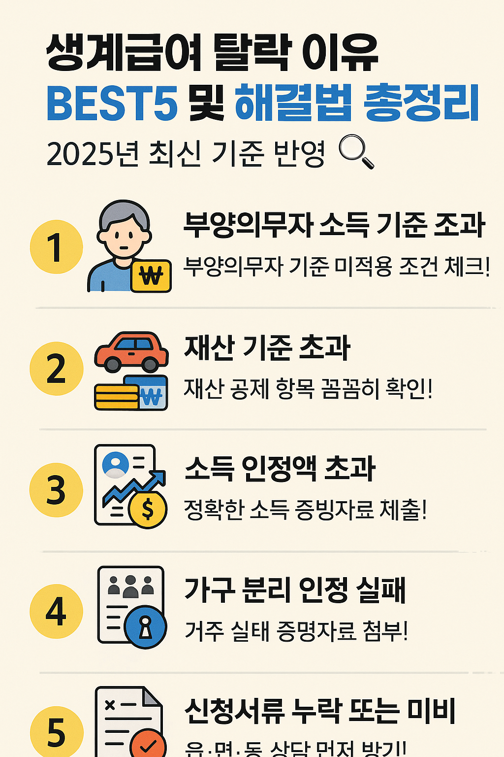생계급여 탈락 이유 BEST5 및 해결법 총정리 🔍 2025년 최신 기준 반영!