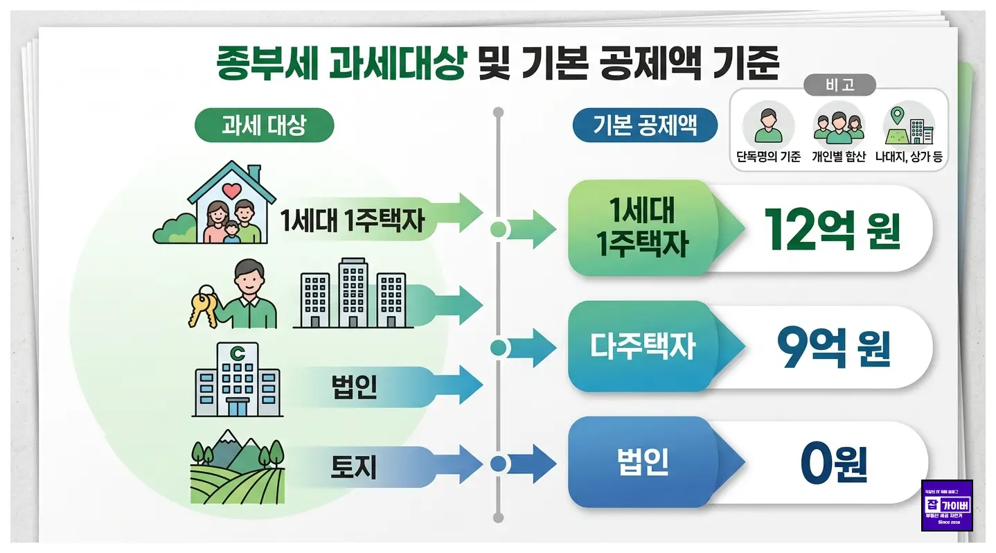 종부세 기본 공제액 1세대 1주택 12억 일반 9억 법인 0원을 설명하는 이미지