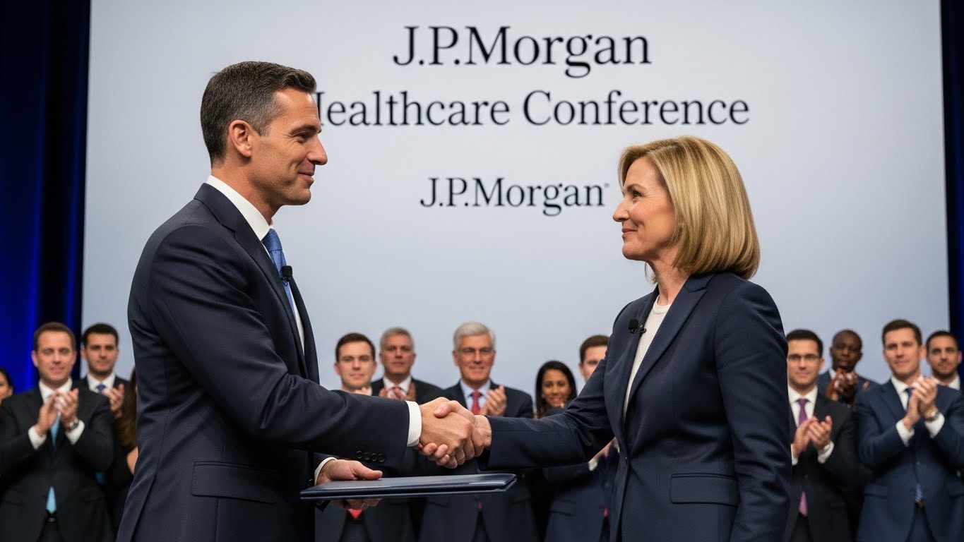A professional handshake between two business executives in front of a 'J.P. Morgan Healthcare Conference' backdrop, blurry audience clapping, success concept