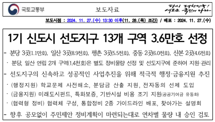 국토교통부 보도자료(1기 신도시 선도지구 13개 구역 3.6만호 선정)
