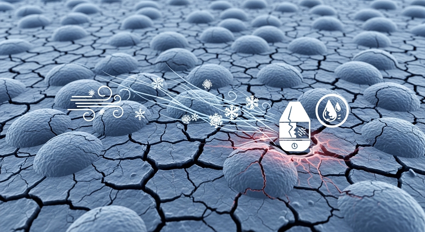 건조하고 손상된 피부 장벽을 확대하여 보여주는 추상적인 일러스트레이션