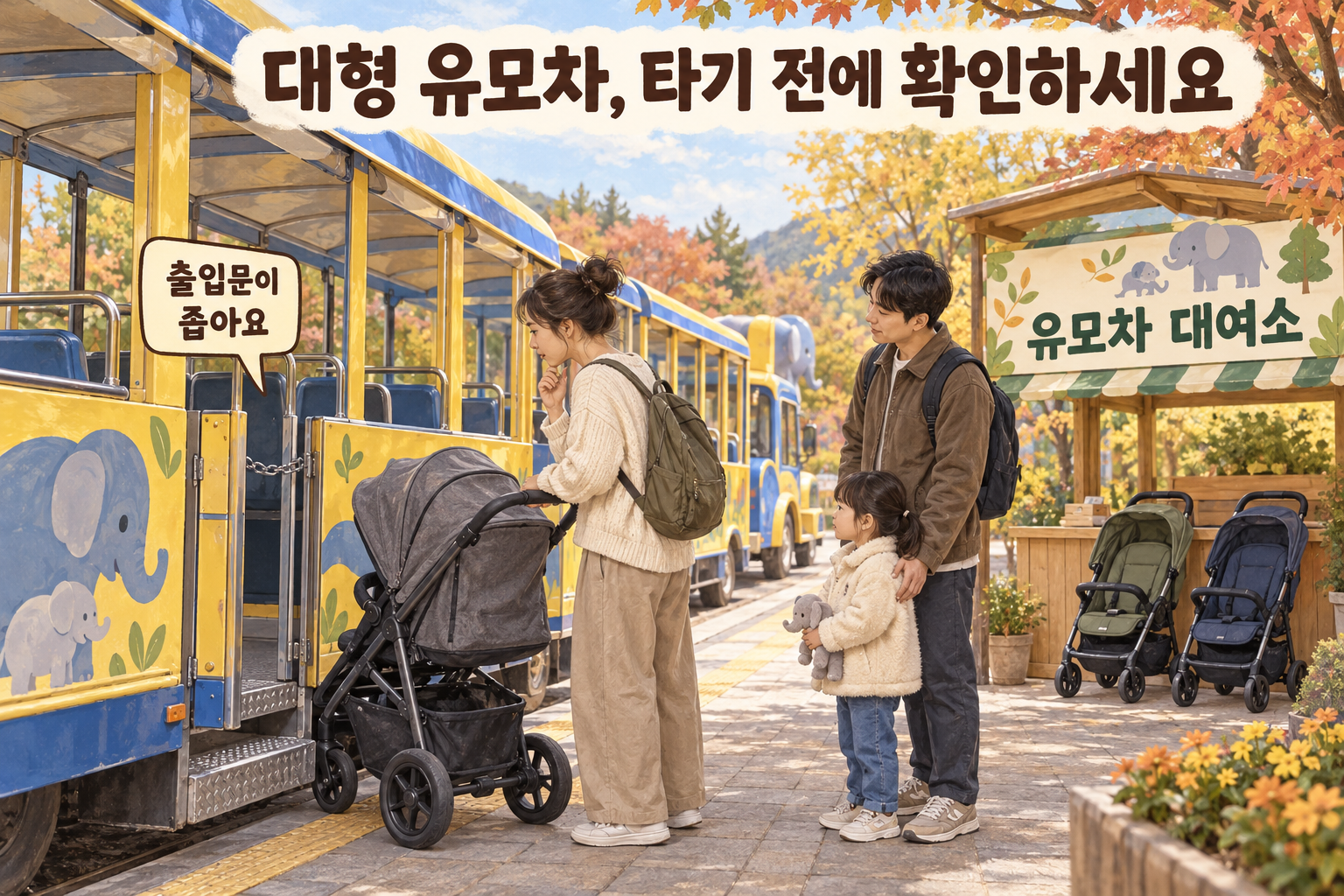 대형 유모차를 든 가족이 좁은 열차 출입문을 살펴보는 모습