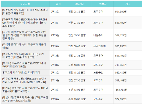후쿠오카 세미패키지 비교 표