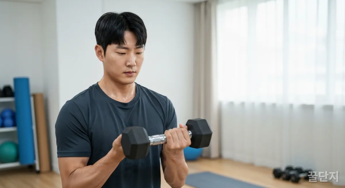 집에서 덤벨 운동을 하는 한국 남성