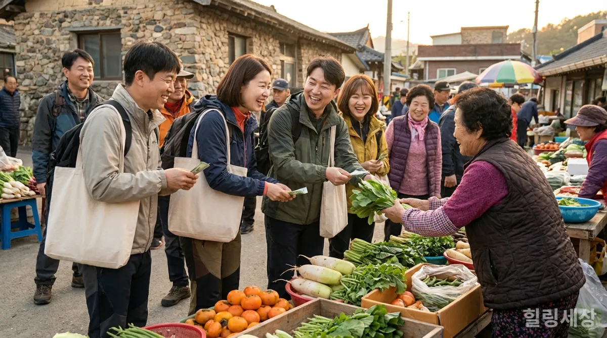 한국 소도시 전통 시장에서 현지 상인과 소통하며 장을 보는 관광객들