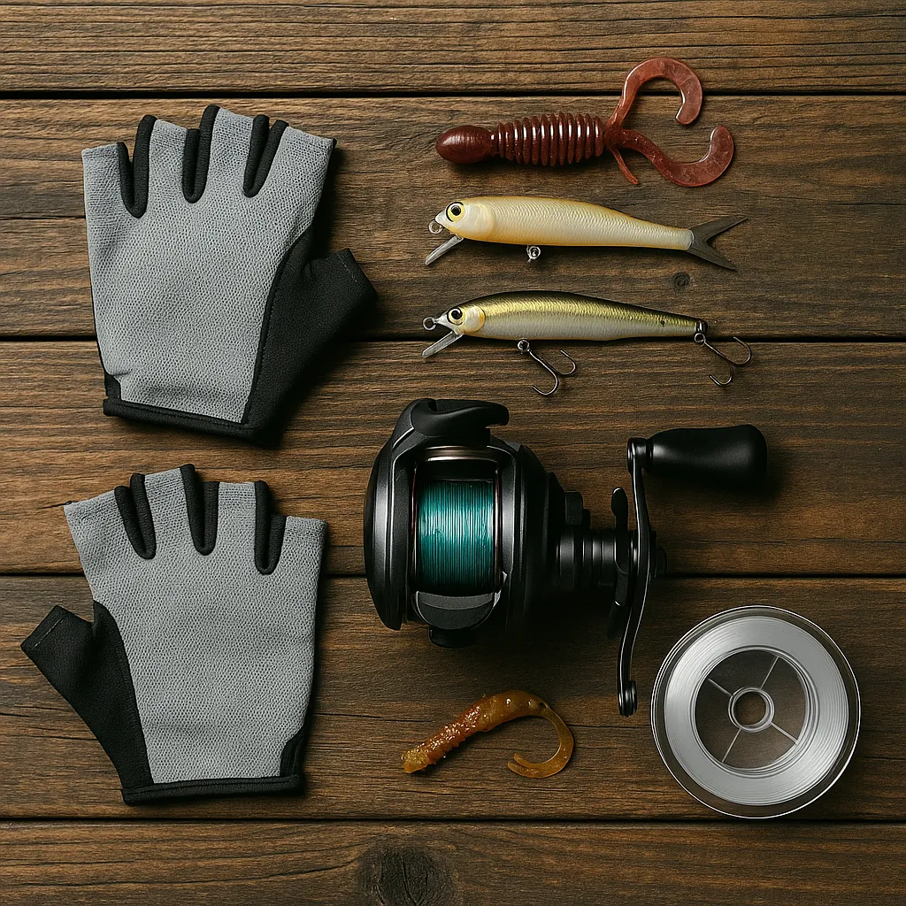 나무 바닥 위에 정리된 낚시 장비들