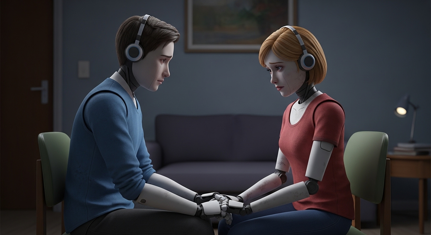 뮤지컬 '어쩌면 해피엔딩'의 올리버와 클레어 로봇이 손을 잡고 앉아 있는 애틋한 장면. 클레어의 몸이 희미해져가는 듯하며, 이별의 슬픔이 느껴진다.