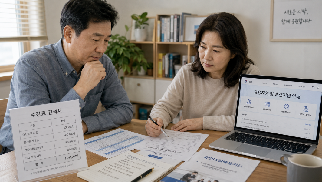 중장년이 자격증 교육비와 재취업 준비 비용을 고민하는 장면