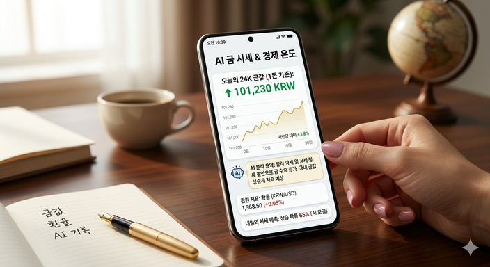 스마트폰으로 금 시세와 AI 분석요약을 확인하고 있어요