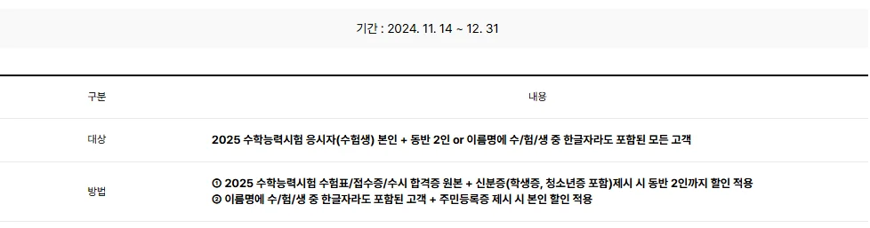수능 수험표 할인 놀이공원 2025학년도