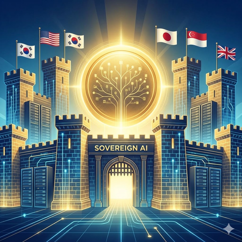 Integrity conceptual image of 'Sovereign AI' showing national governments building fortresses with cutting-edge AI technology to protect data sovereignty.