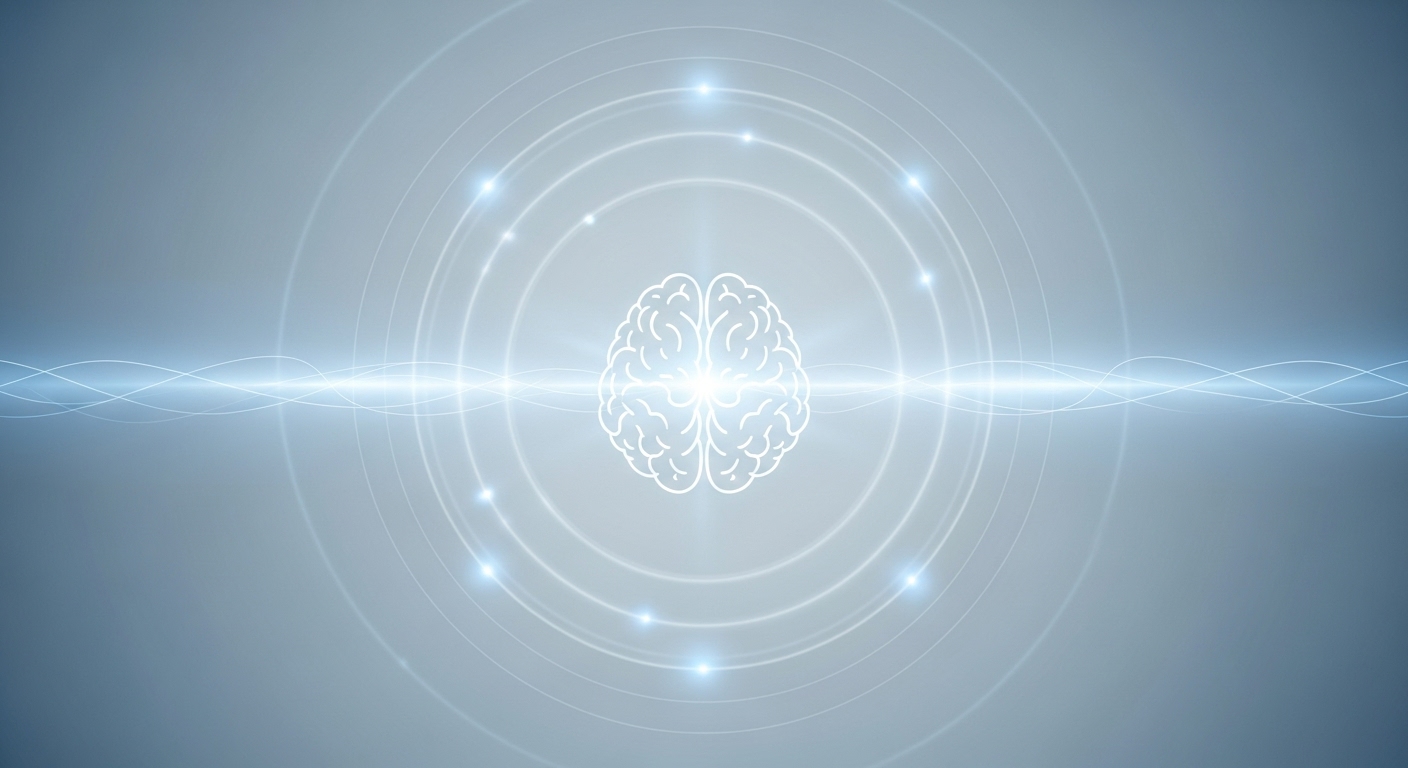 스트레스와 불안이 완화된 평온한 정신 상태를 시각화한 이미지. 뇌가 은은하게 빛나고 주변에 편안함을 상징하는 부드러운 파동이 그려져 있음.