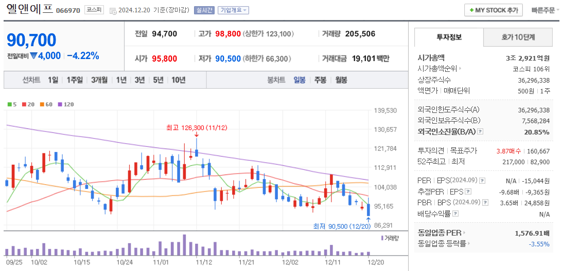 2차 전지 관련주 엘앤에프 주가 차트