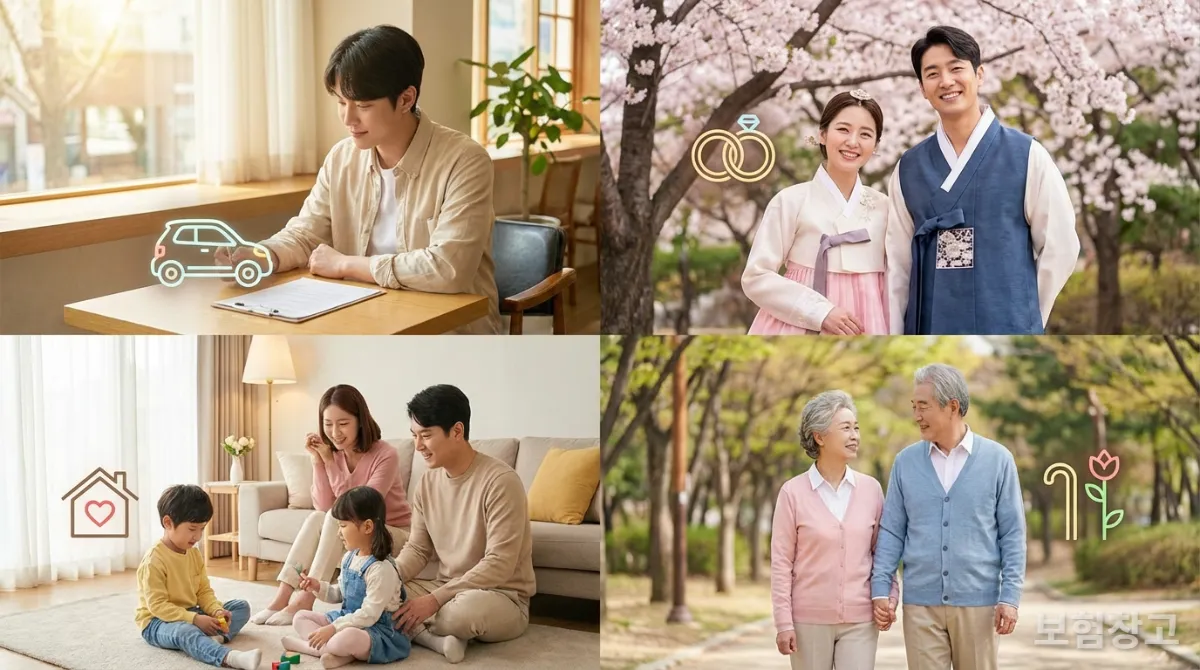 다양한 연령대의 한국인이 각자의 라이프스타일에 맞는 보험 약관을 확인하는 모습